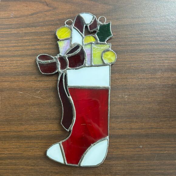 Vintage Stained Glass Christmas Stocking – 9” Iridescent Holiday Suncatcher - Picture 1 of 12